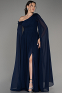 Navy Blue Slit Shawl Long Chiffon Plus Size Evening Dress ABU4002