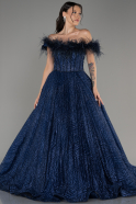 Navy Blue Off The Shoulder Long Silvery Ball Gown ABU4009
