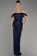 Navy Blue Shoulder Low Cut Long Sequin Plus Size Evening Dress ABU3919