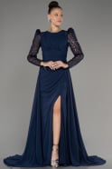 Navy Blue Sequin Long Sleeve Chiffon Plus Size Evening Dress ABU4029