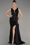 Black Sequin Long Sleeve Chiffon Plus Size Evening Dress ABU4030