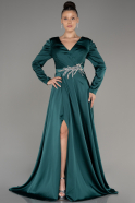 Emerald Green Long Sleeve Satin Plus Size Evening Dress ABU3941