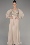 Beige Stoned Long Sleeve Plus Size Evening Dress ABU4035