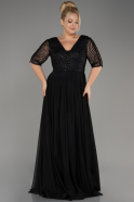 Black Glittery Short Sleeve Long Plus Size Evening Dress ABU3844