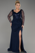 Navy Blue Sequined Long Sleeve Slit Pus Size Evening Dress ABU3284