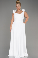 White Boat Neck Long Chiffon Plus Size Evening Dress ABU4026