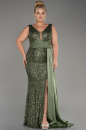 Olive Drab Sequin Long Sleeve Chiffon Plus Size Evening Dress ABU4030