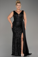 Black Sequin Long Sleeve Chiffon Plus Size Evening Dress ABU4030