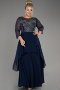 Navy Blue Stoned Long Sleeve Chiffon Plus Size Evening Dress ABU4018