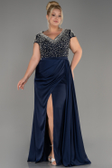 Navy Blue Slit Beaded Long Satin Plus Size Evening Gown ABU4053