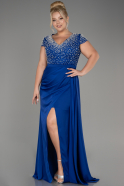 Sax Blue Slit Beaded Long Satin Plus Size Evening Gown ABU4053