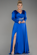 Sax Blue Long Sleeve Satin Plus Size Evening Dress ABU3941