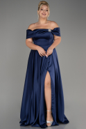 Navy Blue Boat Neck Satin Plus Size Evening Dress ABU4054