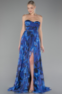 Sax Blue Slit Long Chiffon Printed Prom Dress ABU4065