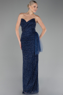 Navy Blue Strapless Stone Long Evening Gown ABU4199