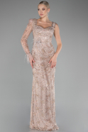 Beige One Sleeve Slit Glittery Long Evening Gown ABU4062