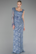 Indigo One Sleeve Slit Glittery Long Evening Gown ABU4062