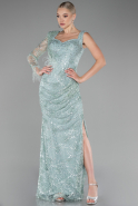 Mint One Sleeve Slit Glittery Long Evening Gown ABU4062