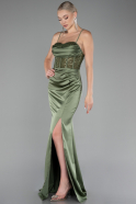 Olive Drab Sequin Slit On Top Long Satin Evening Gown ABU4068