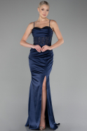 Navy Blue Sequin Slit On Top Long Satin Evening Gown ABU4068