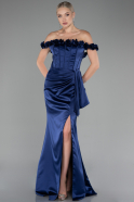 Navy Blue Slit Boat Neck Long Satin Evening Dress ABU4055