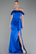 Sax Blue Slit Boat Neck Long Satin Evening Dress ABU4055