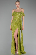 Pistachio Green Off Shoulder Boat Neck Slit Sequined Long Evening Gown ABU4074