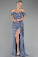 Grey-Indigo Off Shoulder Boat Neck Slit Sequined Long Evening Gown ABU4074