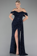 Navy Blue Off Shoulder Boat Neck Slit Sequined Long Evening Gown ABU4074