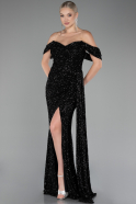 Black Off Shoulder Boat Neck Slit Sequined Long Evening Gown ABU4074