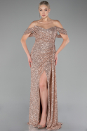 Salmon Off Shoulder Boat Neck Slit Sequined Long Evening Gown ABU4074