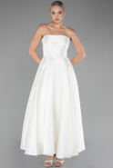 White Boat Neck Midi Taffeta Prom Dress ABU4049