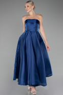 Navy Blue Boat Neck Midi Taffeta Prom Dress ABU4049