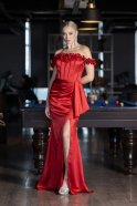 Red Slit Boat Neck Long Satin Evening Dress ABU4055