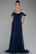 Navy Blue Boat Neck Long Chiffon Evening Dress ABU4078