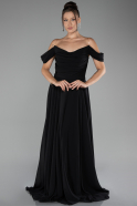 Black Boat Neck Long Chiffon Evening Dress ABU4078