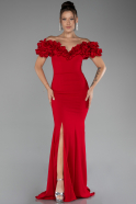 Red Boat Neck Slit Long Evening Dress ABU4080