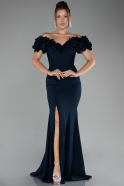 Navy Blue Boat Neck Slit Long Evening Dress ABU4080