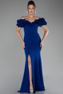 Sax Blue Boat Neck Slit Long Evening Dress ABU4080