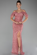 Pink Boat Neck Long Scaly Evening Gown ABU4082