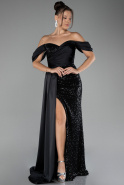 Black Boat Neck Slit Long Sequined Evening Gown ABU4085