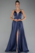 Navy Blue Strappy Slit Long Satin Prom Gown ABU4087