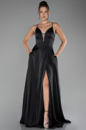 Black Strappy Slit Long Satin Prom Gown ABU4087