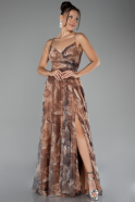 Brown Slit Long Patterned Prom Dress ABU3954