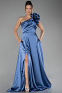 Indigo One Shoulder Slit Long Satin Evening Dress ABU4092