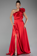 Red One Shoulder Slit Long Satin Evening Dress ABU4092