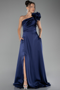 Navy Blue One Shoulder Slit Long Satin Evening Dress ABU4092