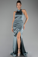 Turquoise Halter Neckline Slit Long Satin Evening Dress ABU4094