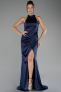 Navy Blue Halter Neckline Slit Long Satin Evening Dress ABU4094