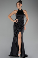 Black Halter Neckline Slit Long Satin Evening Dress ABU4094